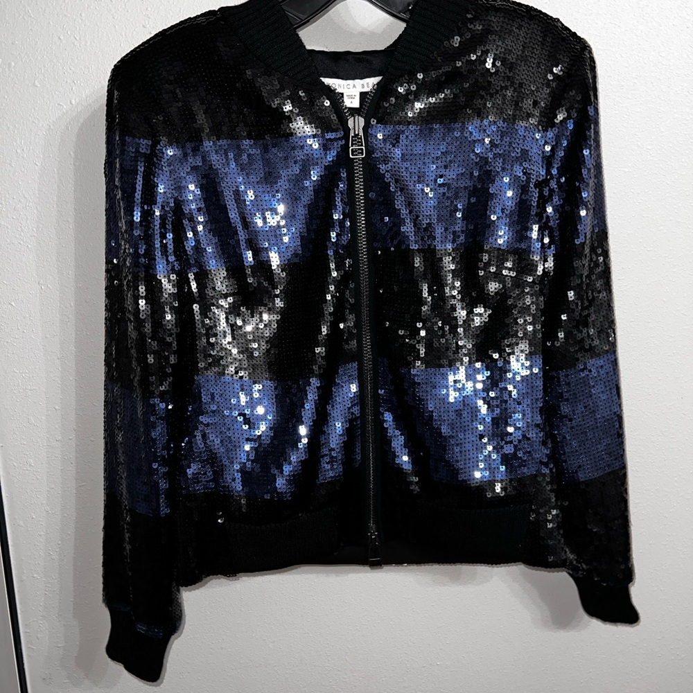 Veronica Beard Black and Blue Sequin Bomber Jacket